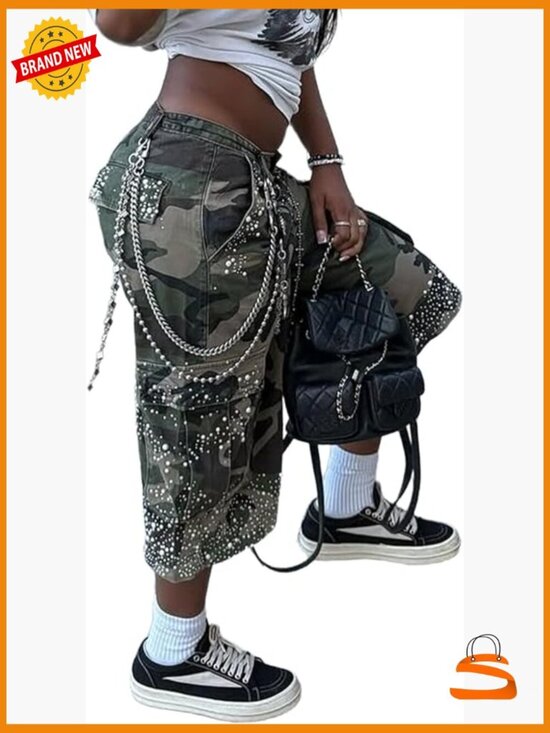 Pants - High Waist Cargo Capri Shorts with Rhinestones Wide Leg Streetwear Casual